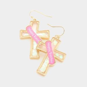 Happy Easter Message Confetti Cross Dangle Earrings